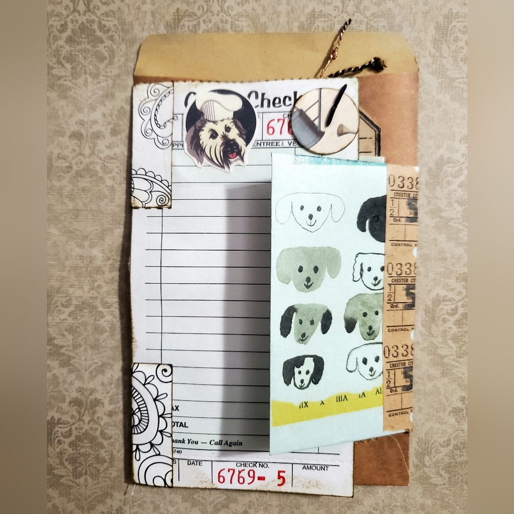 😀 HAND CRAFTED Vintage bag folio with ephemera. Pet theme